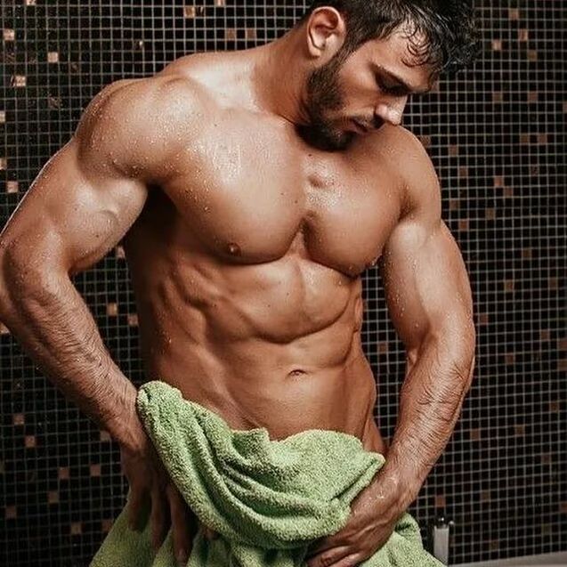 The man took a shower before the penis enlargement exercises. 